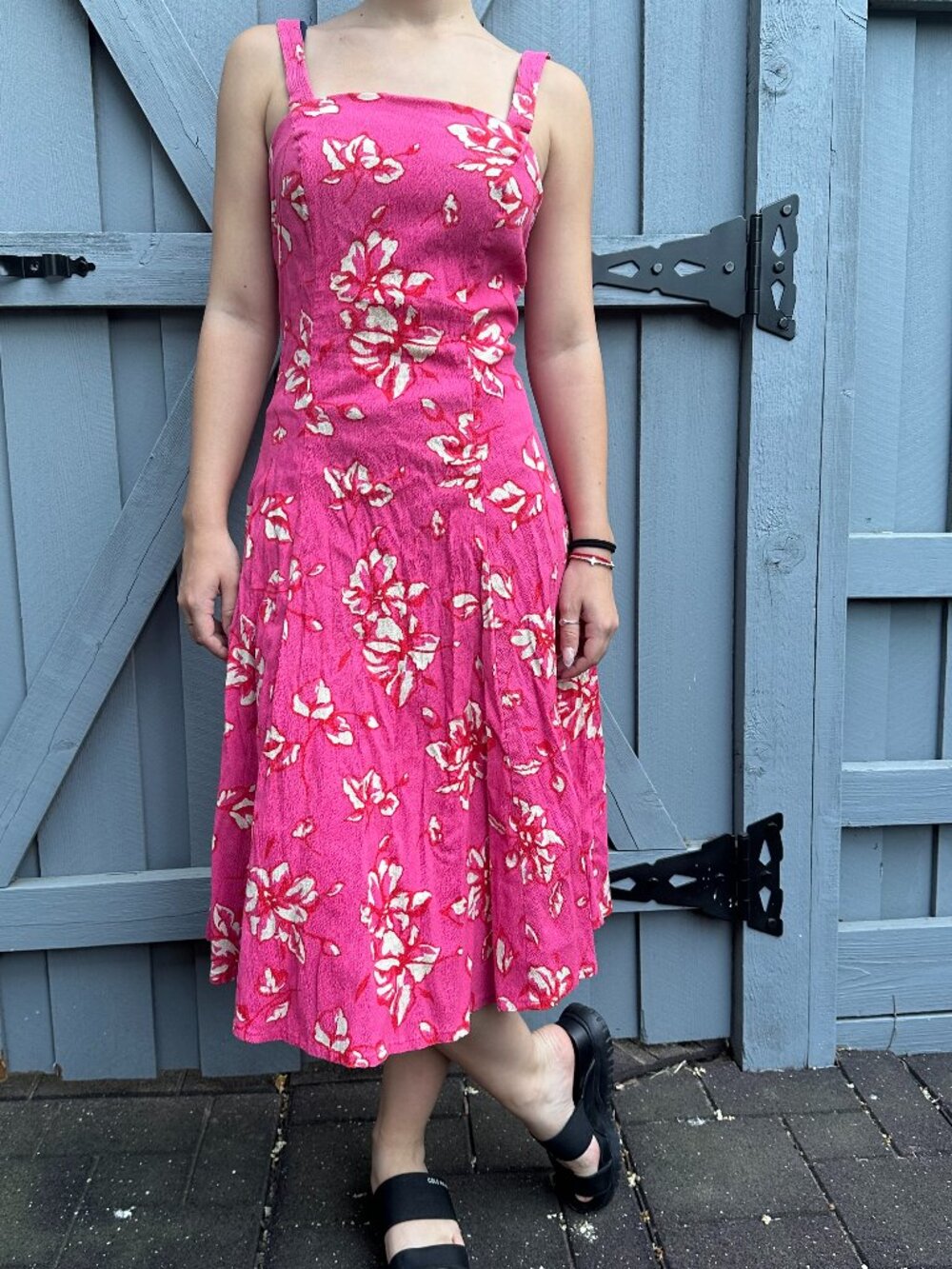 Vintage 2000s Pink Floral Viscose Fit & Flare Midi Dress Size Small (EU 38)